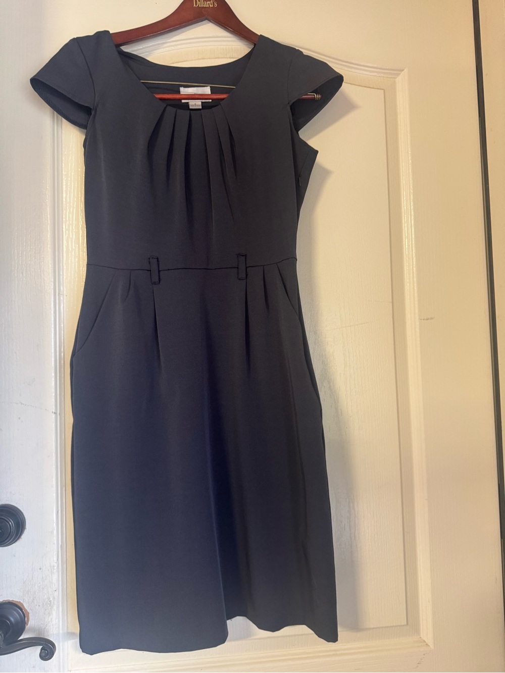 Olivia Matthews Navy Pleated Sheath Midi Dress